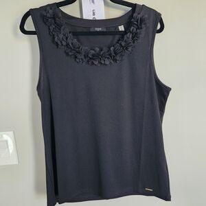 Tahari, Black Sleeveless Top with Floral Detail, Size Large